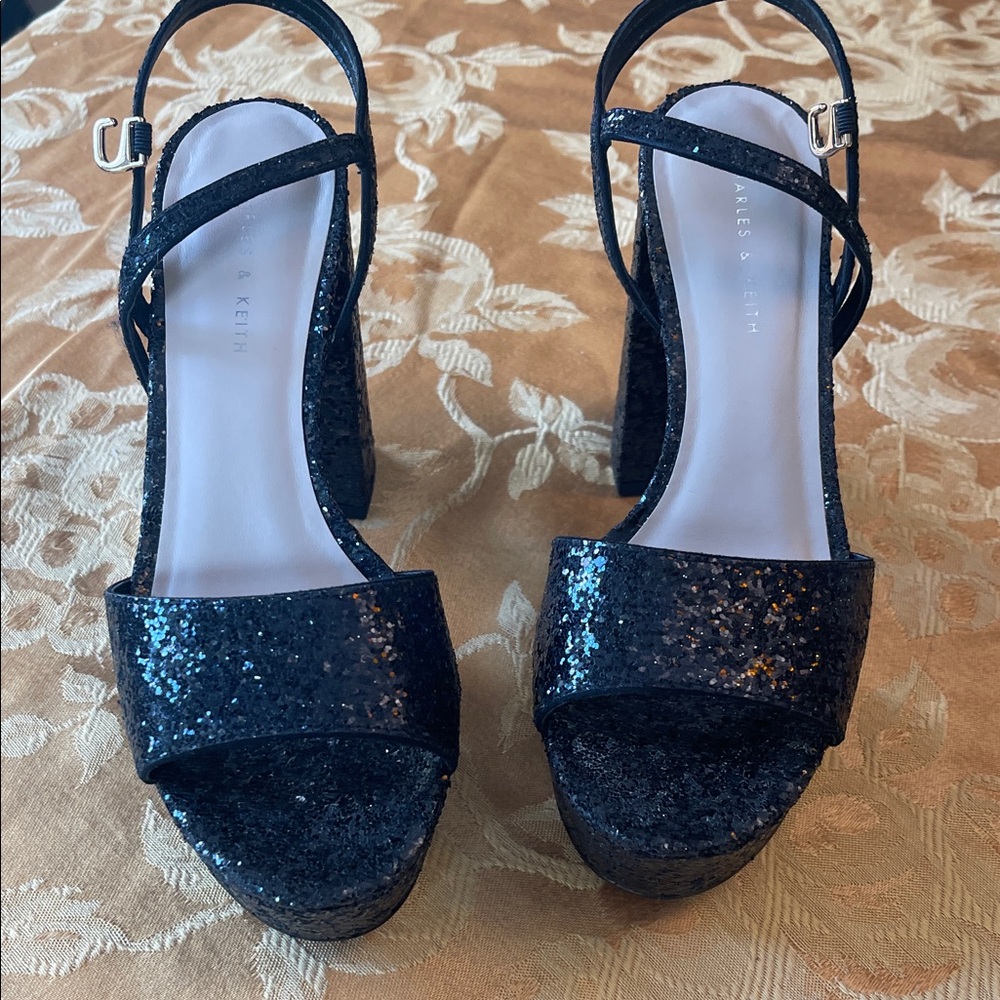 Charles & Keith Navy Glitter Platform Heels